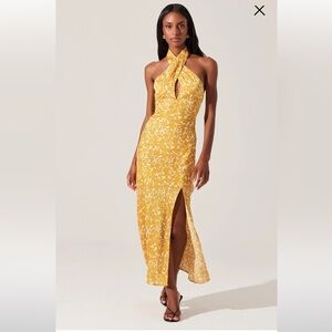 ASTR The Label Yellow Floral Halter Maxi Dress with Front Slit
